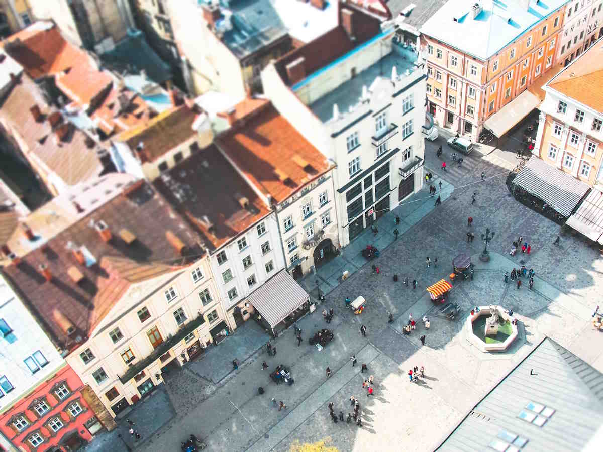 Aerial photo of Rynok Square in Lviv